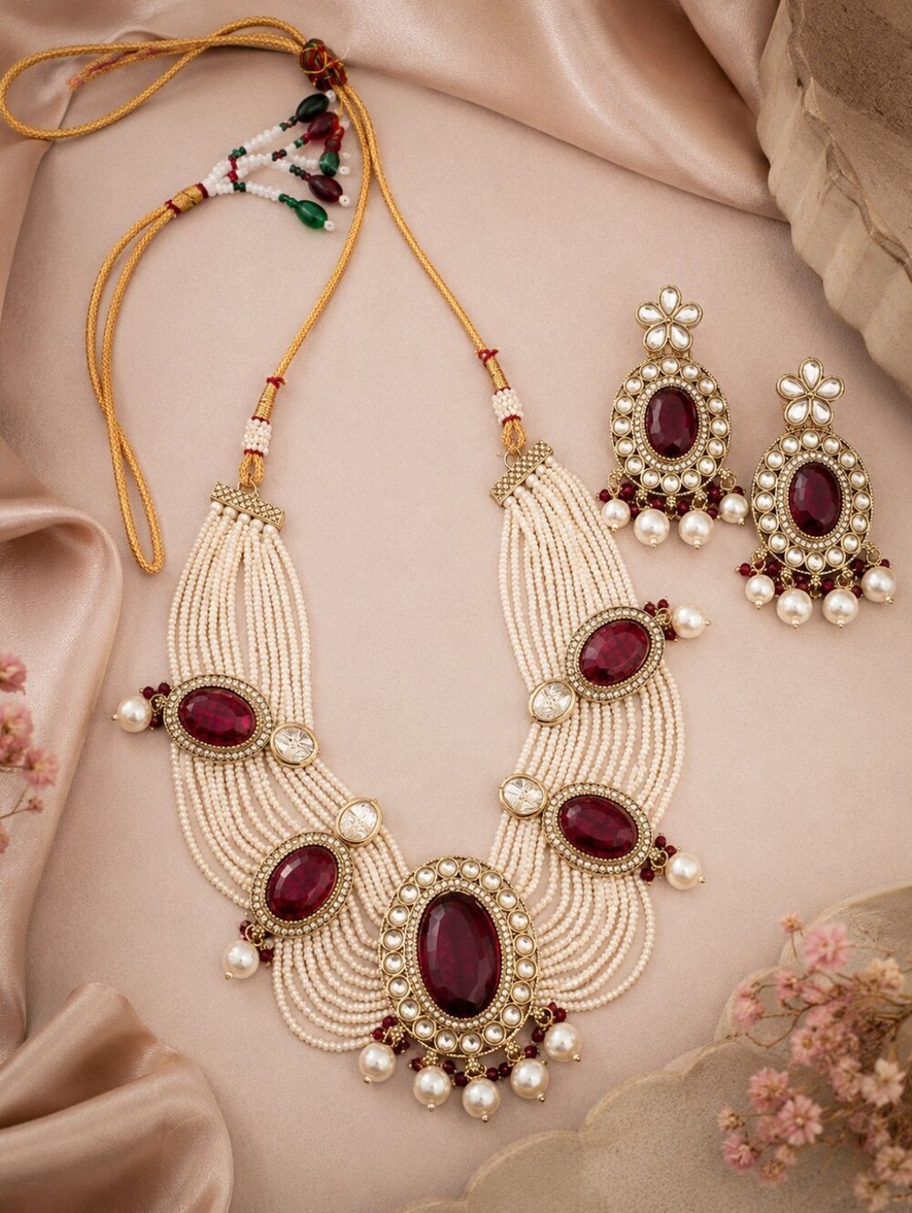 Maroon Kundan Pearl Statement Necklace & Earring Set